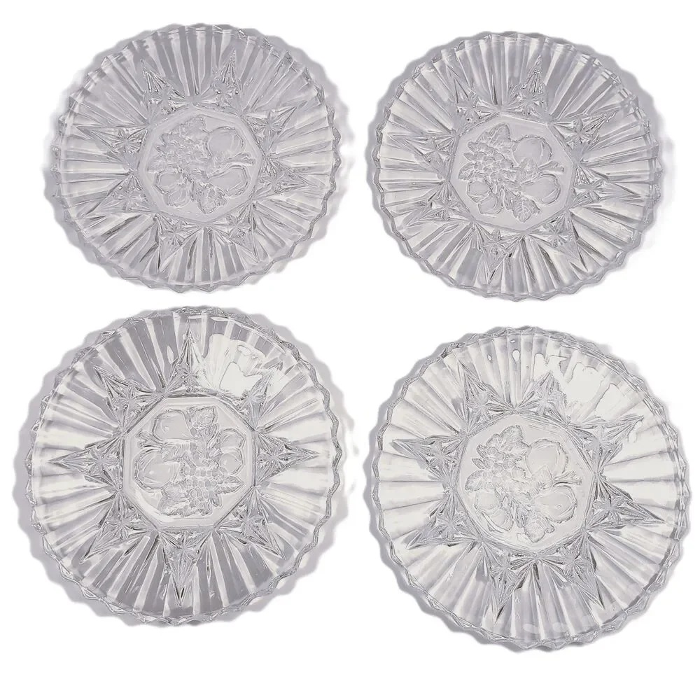 Set 4 Vintage Clear Glass Dessert Salad Plates Embossed Fruit Grapes Starburst